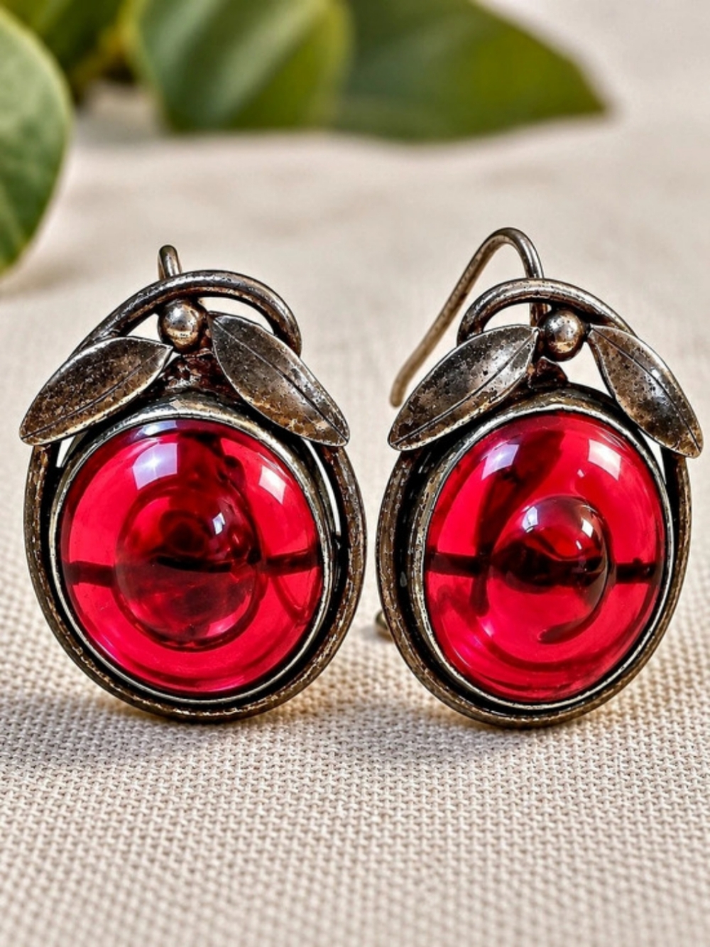 1940's Vintage Wingback Sterling Silver Red Glass Earrings